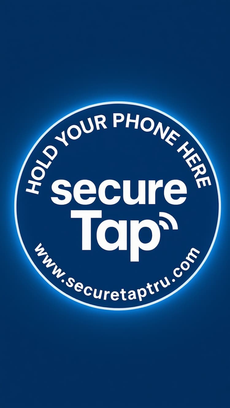 Image with phone and a SecureTap NFC RFID tag that says hold your phone here, and the TRU brand at the top.